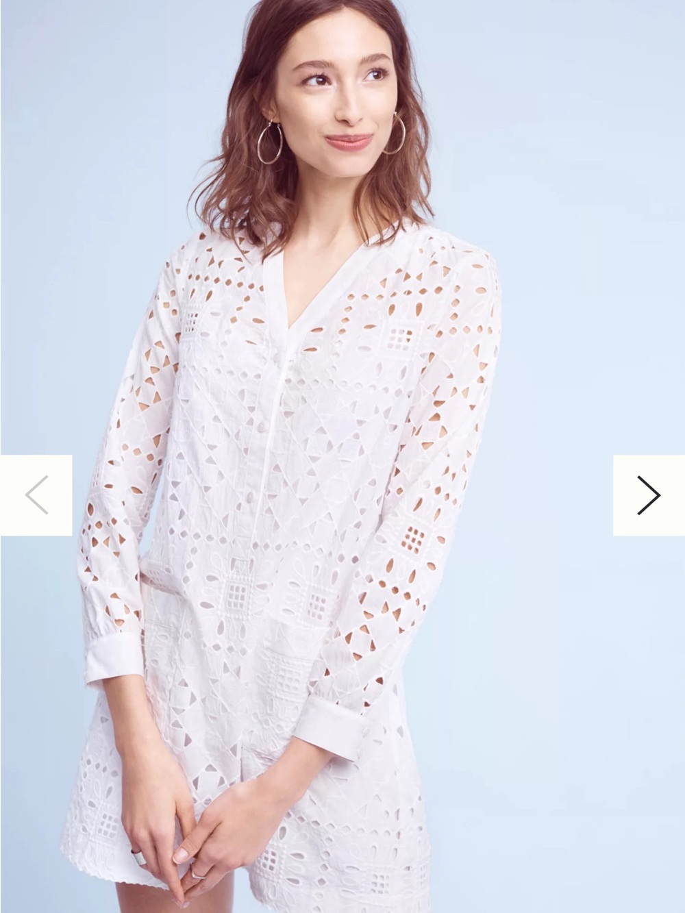 Anthropologie Maeve Geo Eyelet White V-Neck Shirt Dress 100% Cotton size M